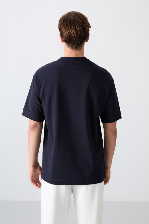Lacivert Pamuklu Kalın Yumuşak Dokulu Oversize Fit Basic Erkek T-Shirt - 88349 - 5
