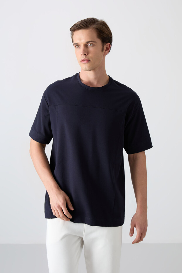 Lacivert Pamuklu Kalın Yumuşak Dokulu Oversize Fit Basic Erkek T-Shirt - 88349 - 1