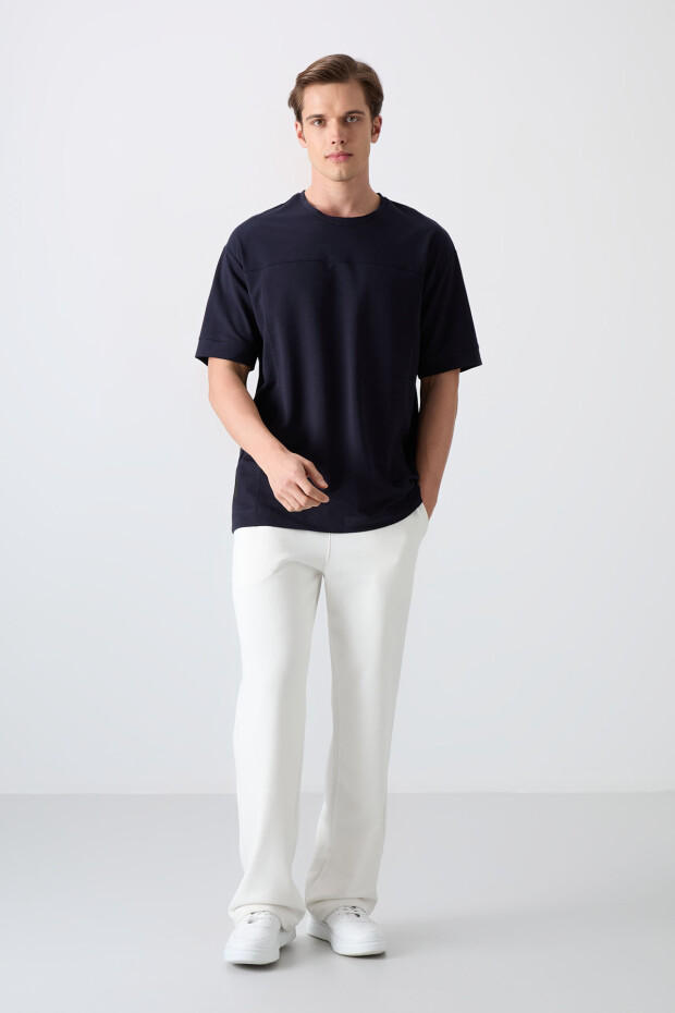 Lacivert Pamuklu Kalın Yumuşak Dokulu Oversize Fit Basic Erkek T-Shirt - 88349 - 2