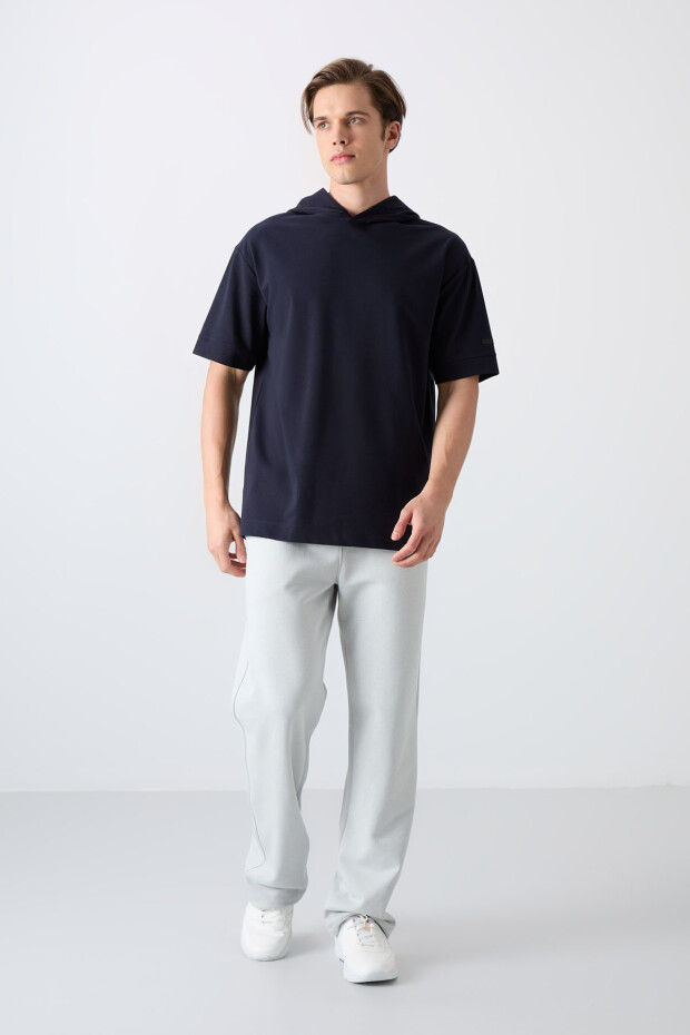 Lacivert Pamuklu Kalın Yumuşak Dokulu Oversize Fit Basic Erkek T-Shirt - 88352 - 2