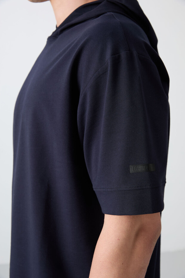 Lacivert Pamuklu Kalın Yumuşak Dokulu Oversize Fit Basic Erkek T-Shirt - 88352 - 3