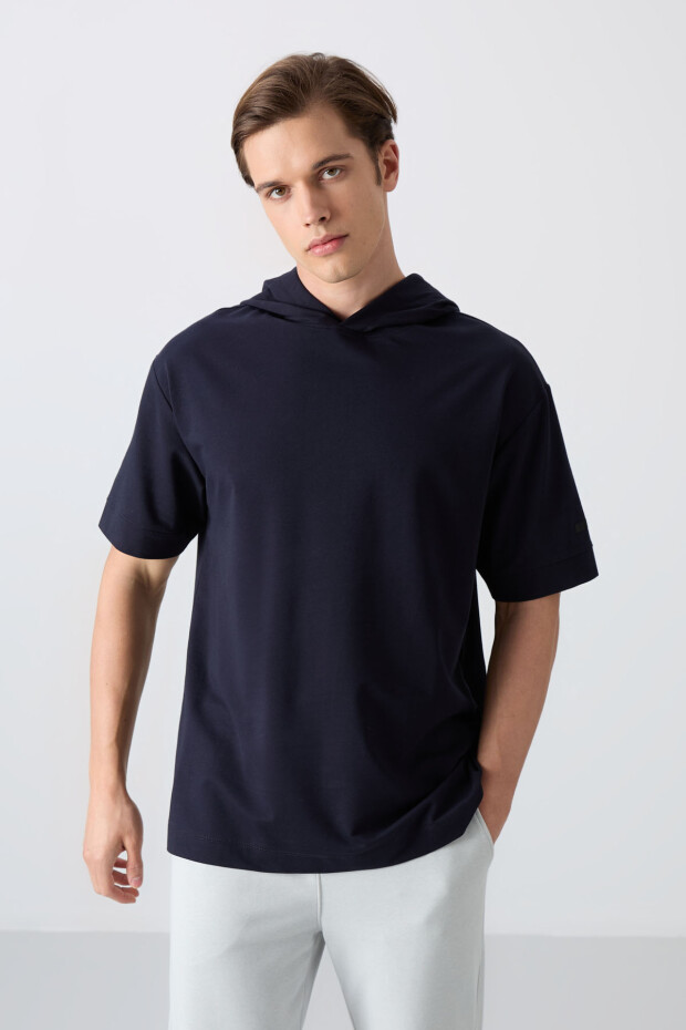 Lacivert Pamuklu Kalın Yumuşak Dokulu Oversize Fit Basic Erkek T-Shirt - 88352 - 4