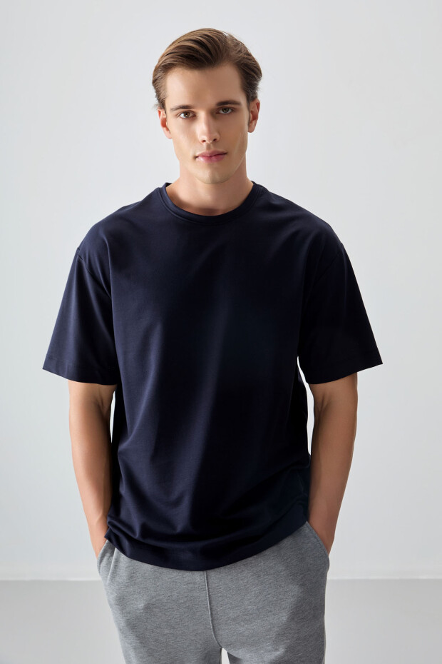 Lacivert Pamuklu Kalın Yumuşak Dokulu Oversize Fit Basic Erkek T-Shirt - 88377 - 2