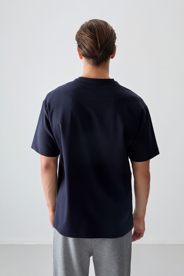 Lacivert Pamuklu Kalın Yumuşak Dokulu Oversize Fit Basic Erkek T-Shirt - 88377 - 6