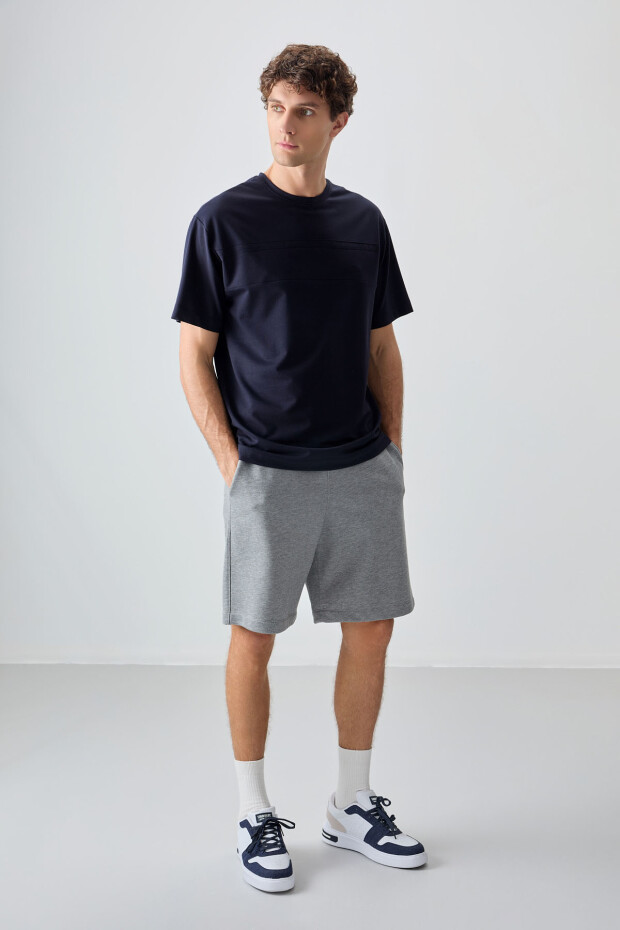 Lacivert Pamuklu Kalın Yumuşak Dokulu Oversize Fit Basic Erkek T-Shirt - 88378 - 3