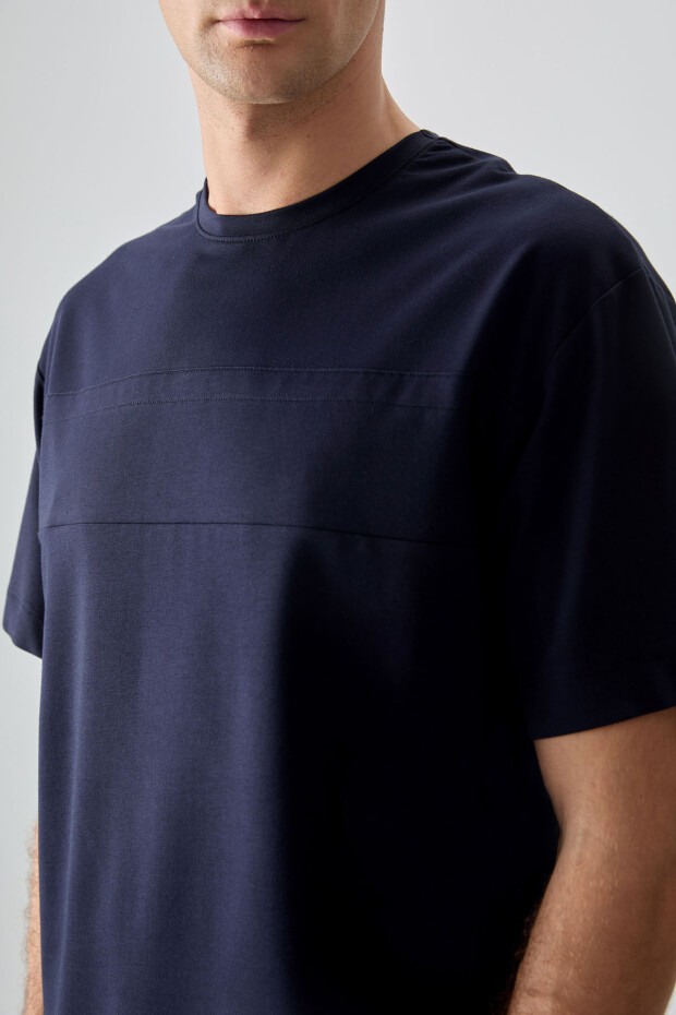 Lacivert Pamuklu Kalın Yumuşak Dokulu Oversize Fit Basic Erkek T-Shirt - 88378 - 2