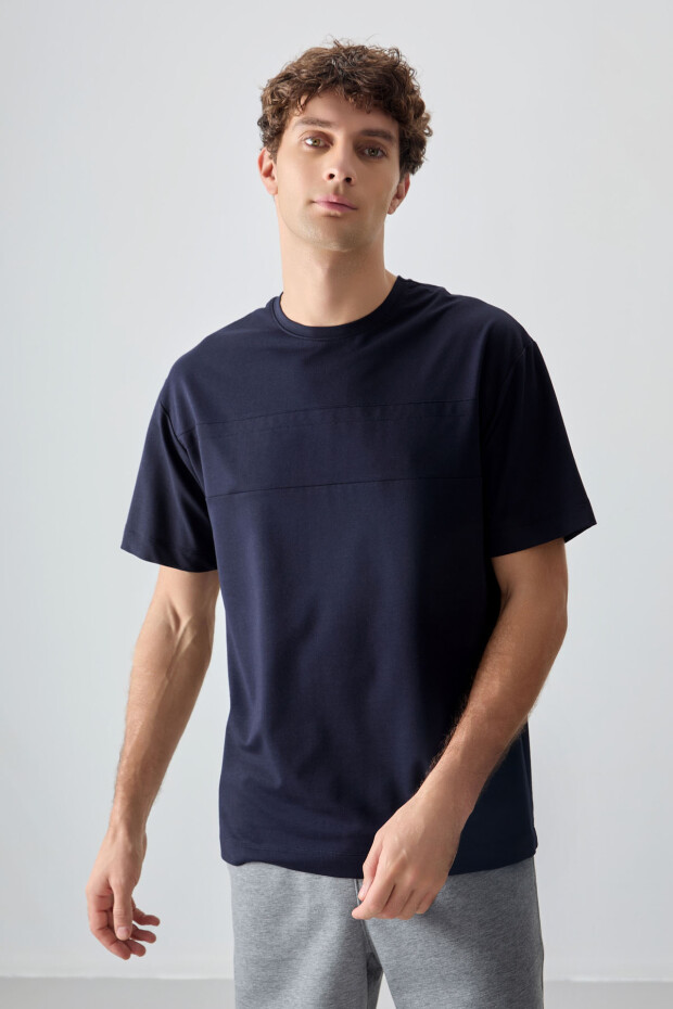 Lacivert Pamuklu Kalın Yumuşak Dokulu Oversize Fit Basic Erkek T-Shirt - 88378 - 4