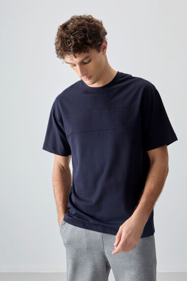 Lacivert Pamuklu Kalın Yumuşak Dokulu Oversize Fit Basic Erkek T-Shirt - 88378 