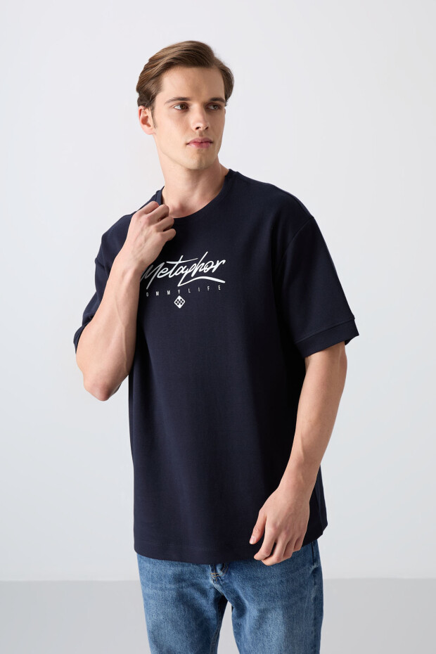 Lacivert Pamuklu Kalın Yumuşak Dokulu Oversize Fit Baskılı Erkek T-Shirt - 88320 - 4