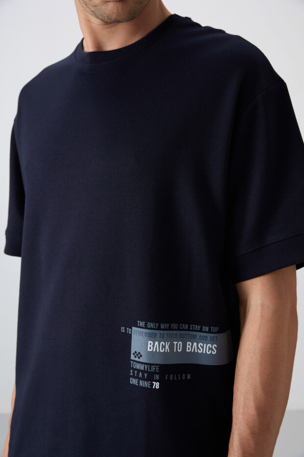 Lacivert Pamuklu Kalın Yumuşak Dokulu Oversize Fit Baskılı Erkek T-Shirt - 88322 - 3
