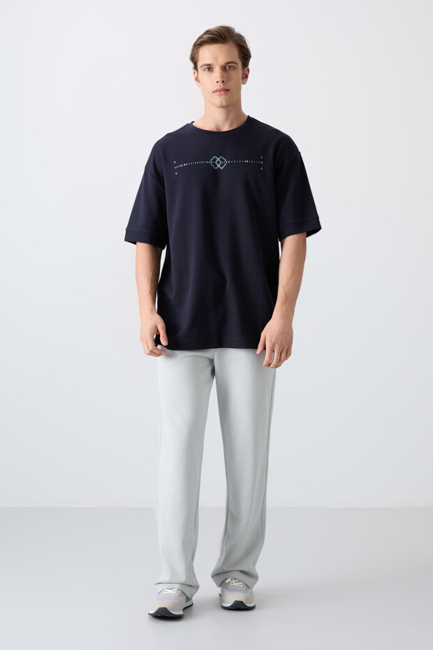 Lacivert Pamuklu Kalın Yumuşak Dokulu Oversize Fit Baskılı Erkek T-Shirt - 88323 - 2