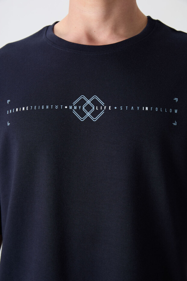 Lacivert Pamuklu Kalın Yumuşak Dokulu Oversize Fit Baskılı Erkek T-Shirt - 88323 - 3