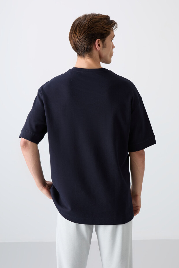Lacivert Pamuklu Kalın Yumuşak Dokulu Oversize Fit Baskılı Erkek T-Shirt - 88323 - 5
