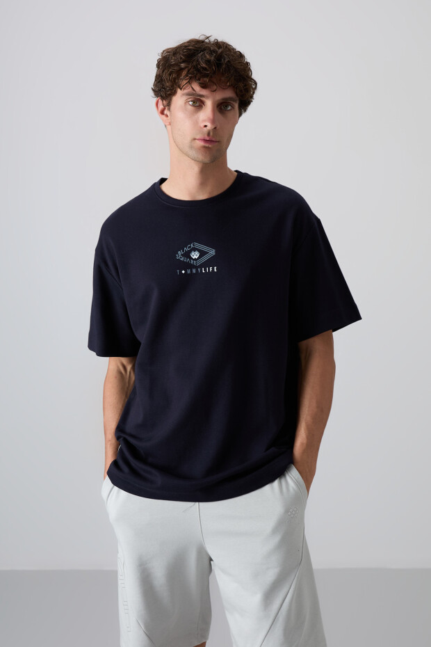 Lacivert Pamuklu Kalın Yumuşak Dokulu Oversize Fit Baskılı Erkek T-Shirt - 88325 - 1