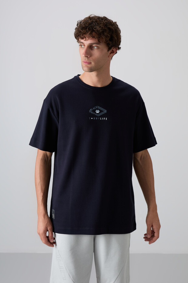 Lacivert Pamuklu Kalın Yumuşak Dokulu Oversize Fit Baskılı Erkek T-Shirt - 88325 - 5