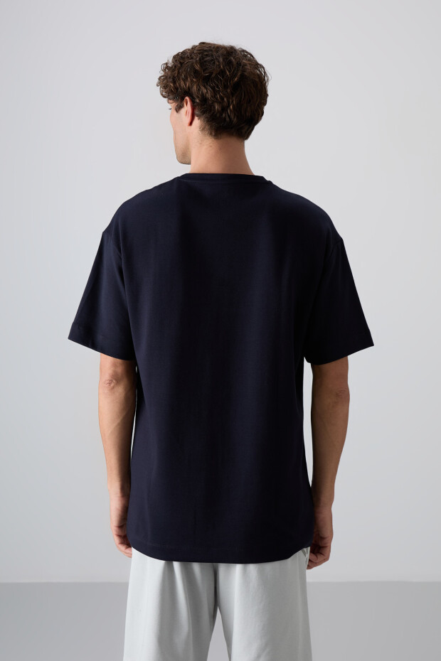 Lacivert Pamuklu Kalın Yumuşak Dokulu Oversize Fit Baskılı Erkek T-Shirt - 88325 - 6