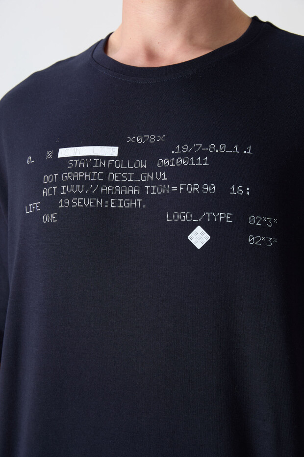 Lacivert Pamuklu Kalın Yumuşak Dokulu Oversize Fit Baskılı Erkek T-Shirt - 88326 - 3