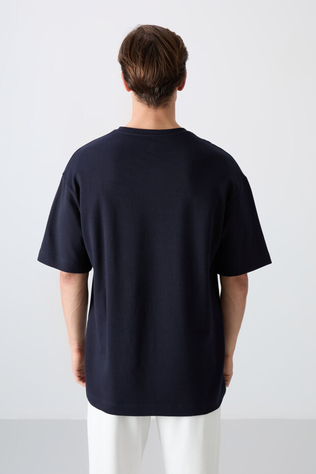 Lacivert Pamuklu Kalın Yumuşak Dokulu Oversize Fit Baskılı Erkek T-Shirt - 88326 - 5