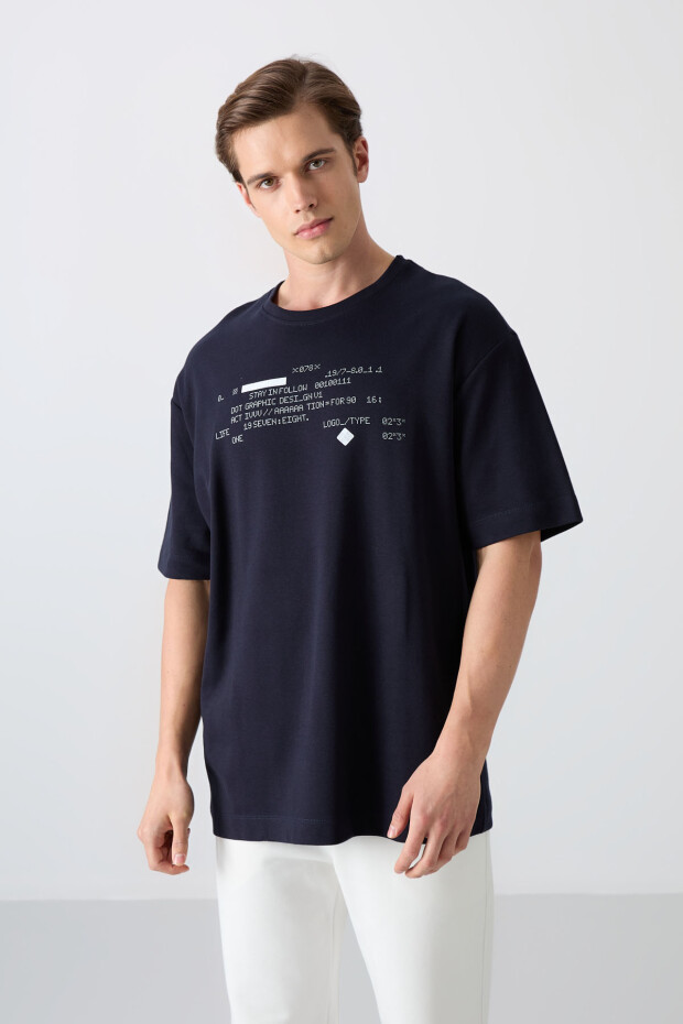 Lacivert Pamuklu Kalın Yumuşak Dokulu Oversize Fit Baskılı Erkek T-Shirt - 88326 - 1