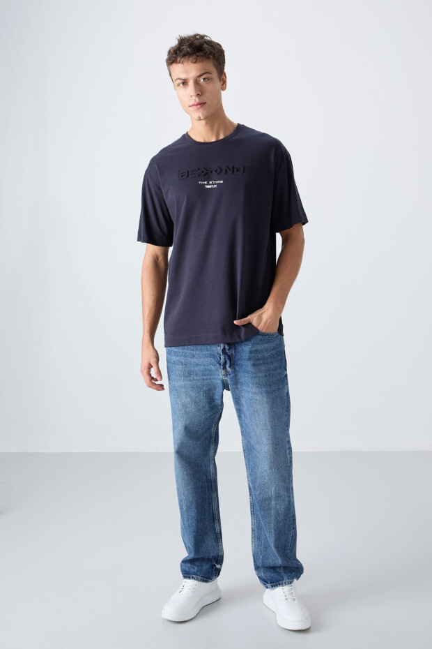 Lacivert Pamuklu Kalın Yumuşak Dokulu Oversize Fit Baskılı Erkek T-Shirt - 88328 - 2