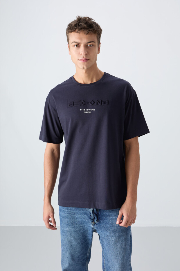 Lacivert Pamuklu Kalın Yumuşak Dokulu Oversize Fit Baskılı Erkek T-Shirt - 88328 - 1