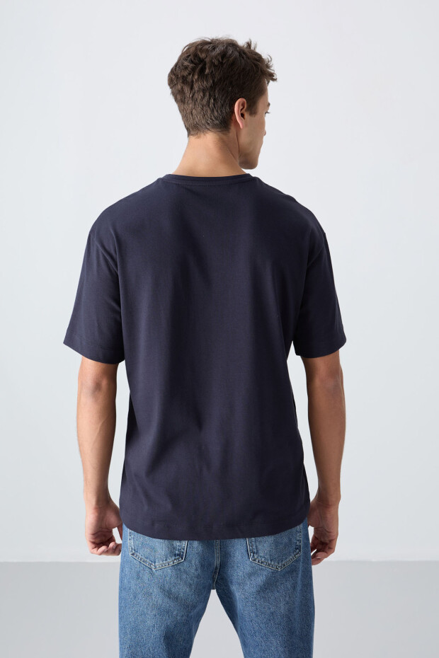 Lacivert Pamuklu Kalın Yumuşak Dokulu Oversize Fit Baskılı Erkek T-Shirt - 88328 - 5
