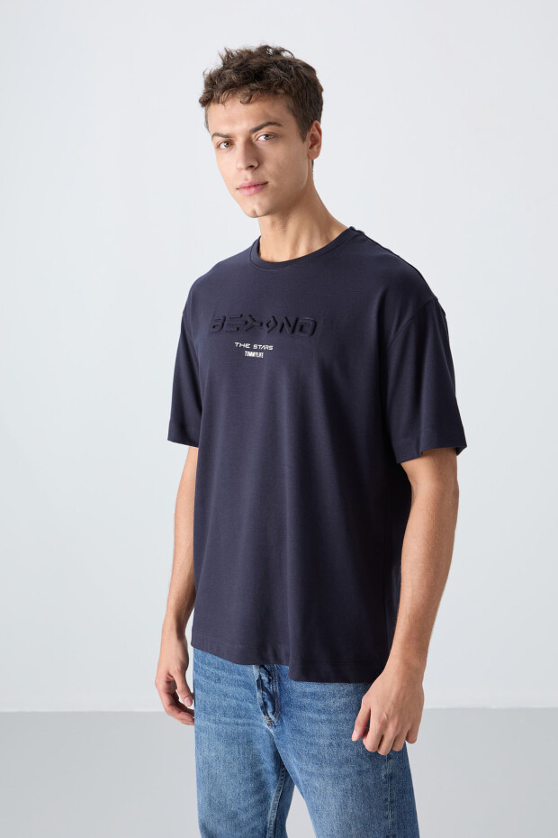Lacivert Pamuklu Kalın Yumuşak Dokulu Oversize Fit Baskılı Erkek T-Shirt - 88328 - 4