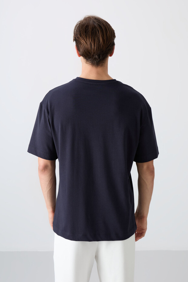 Lacivert Pamuklu Kalın Yumuşak Dokulu Oversize Fit Baskılı Erkek T-Shirt - 88329 - 5