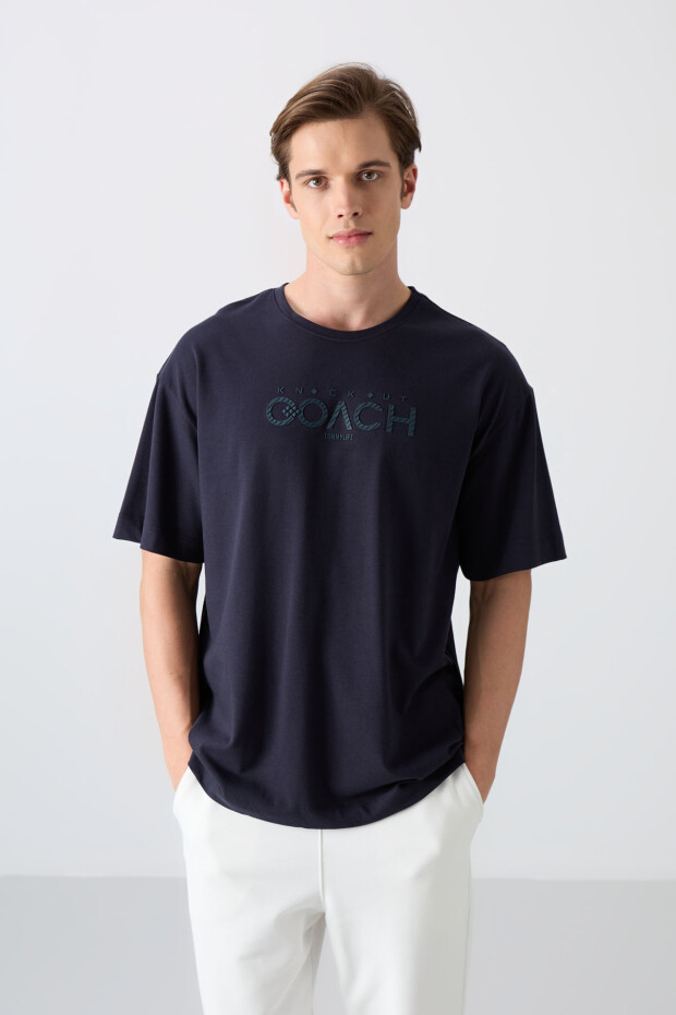 Lacivert Pamuklu Kalın Yumuşak Dokulu Oversize Fit Baskılı Erkek T-Shirt - 88329 - 4