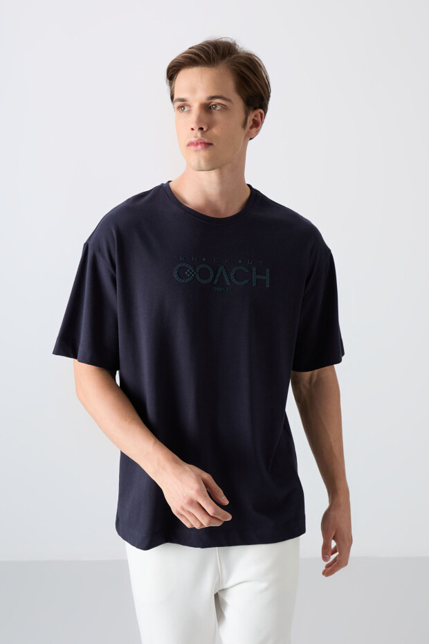 Lacivert Pamuklu Kalın Yumuşak Dokulu Oversize Fit Baskılı Erkek T-Shirt - 88329 - 1