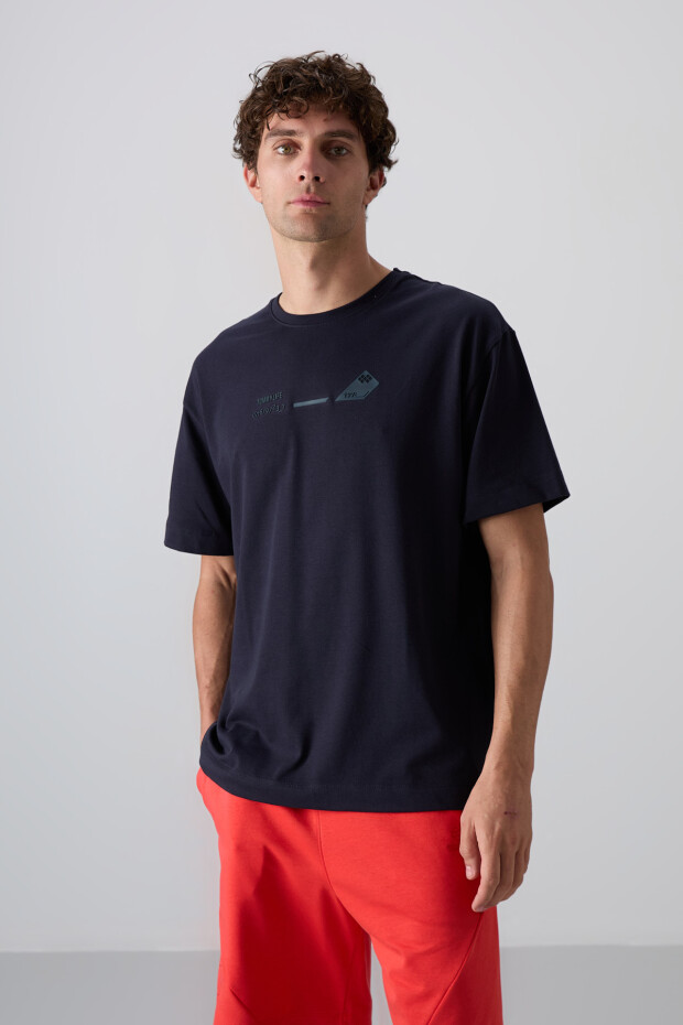 Lacivert Pamuklu Kalın Yumuşak Dokulu Oversize Fit Baskılı Erkek T-Shirt - 88330 - 2