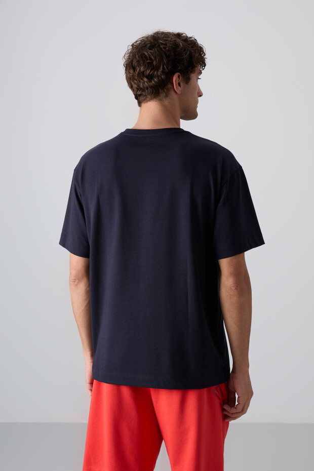 Lacivert Pamuklu Kalın Yumuşak Dokulu Oversize Fit Baskılı Erkek T-Shirt - 88330 - 5