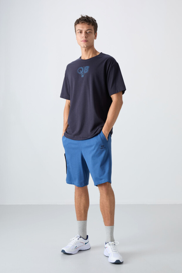 Lacivert Pamuklu Kalın Yumuşak Dokulu Oversize Fit Baskılı Erkek T-Shirt - 88333 - 2