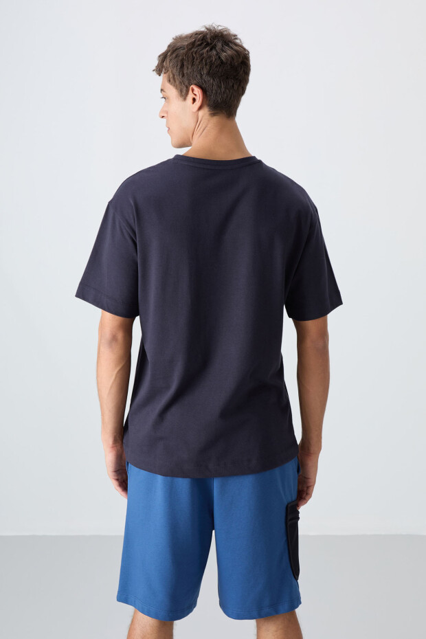 Lacivert Pamuklu Kalın Yumuşak Dokulu Oversize Fit Baskılı Erkek T-Shirt - 88333 - 5