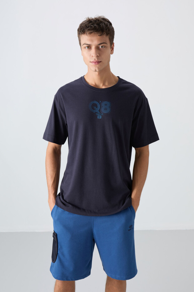 Lacivert Pamuklu Kalın Yumuşak Dokulu Oversize Fit Baskılı Erkek T-Shirt - 88333 - 4