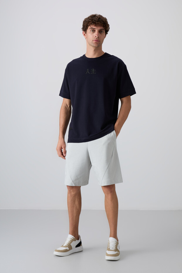 Lacivert Pamuklu Kalın Yumuşak Dokulu Oversize Fit Baskılı Erkek T-Shirt - 88342 - 2