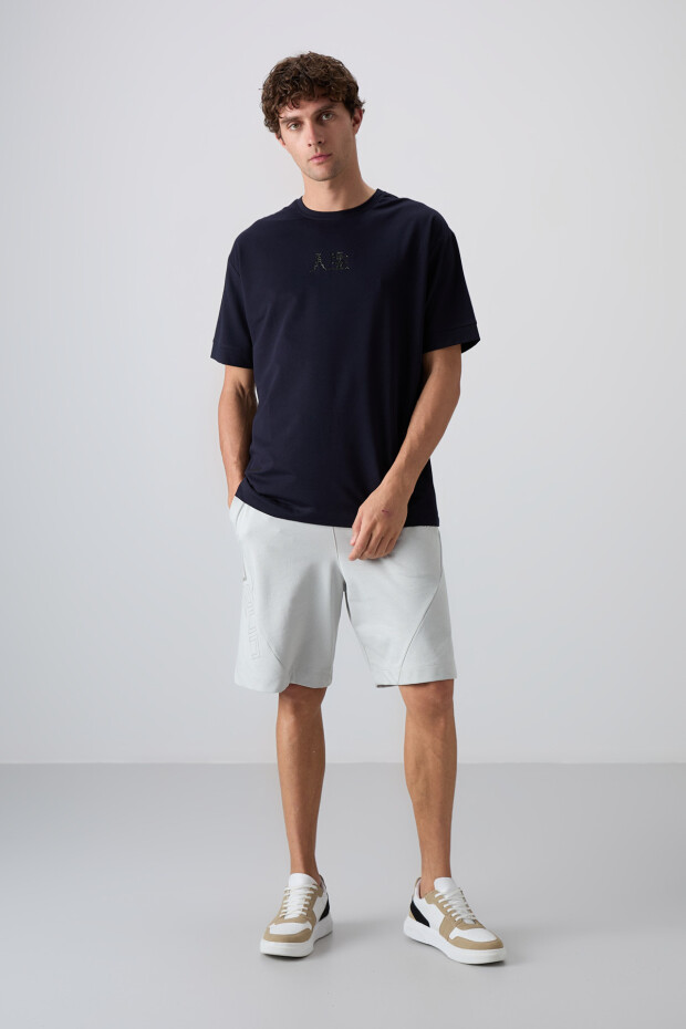 Lacivert Pamuklu Kalın Yumuşak Dokulu Oversize Fit Baskılı Erkek T-Shirt - 88342 - 5