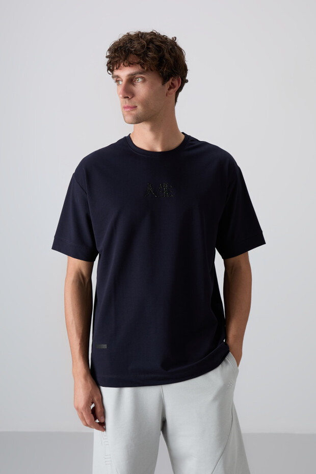 Lacivert Pamuklu Kalın Yumuşak Dokulu Oversize Fit Baskılı Erkek T-Shirt - 88342 - 6