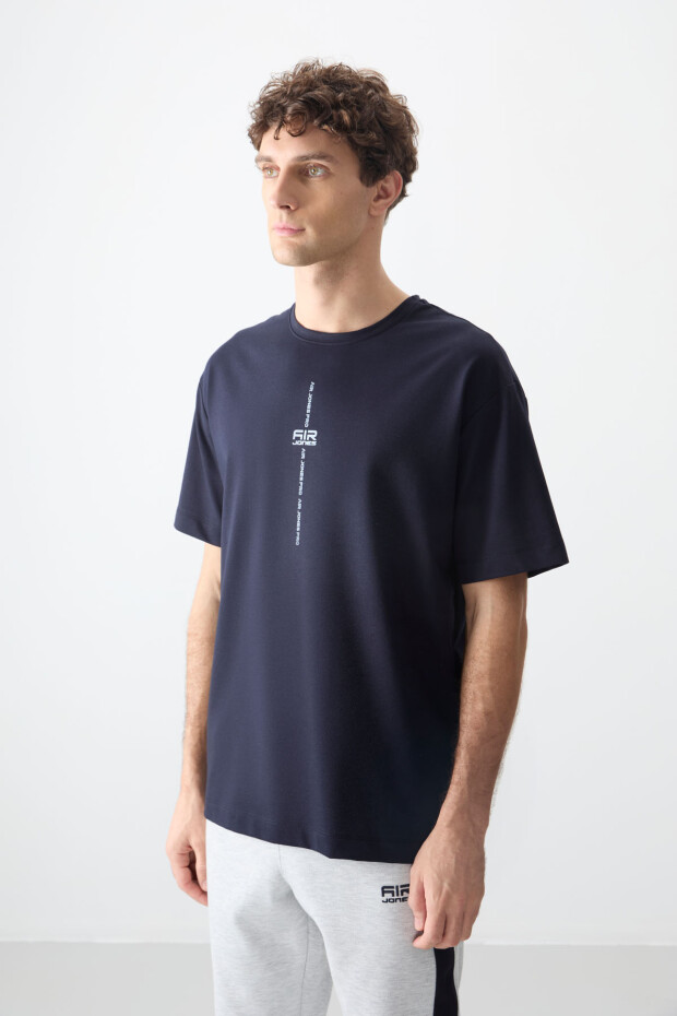 Lacivert Pamuklu Kalın Yumuşak Dokulu Oversize Fit Baskılı Erkek T-Shirt - 88373 - 4