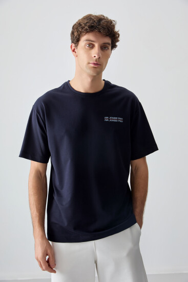 Lacivert Pamuklu Kalın Yumuşak Dokulu Oversize Fit Baskılı Erkek T-Shirt - 88375 