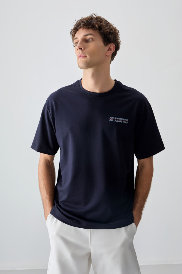 Lacivert Pamuklu Kalın Yumuşak Dokulu Oversize Fit Baskılı Erkek T-Shirt - 88375 - 4