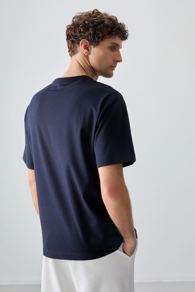 Lacivert Pamuklu Kalın Yumuşak Dokulu Oversize Fit Baskılı Erkek T-Shirt - 88375 - 5