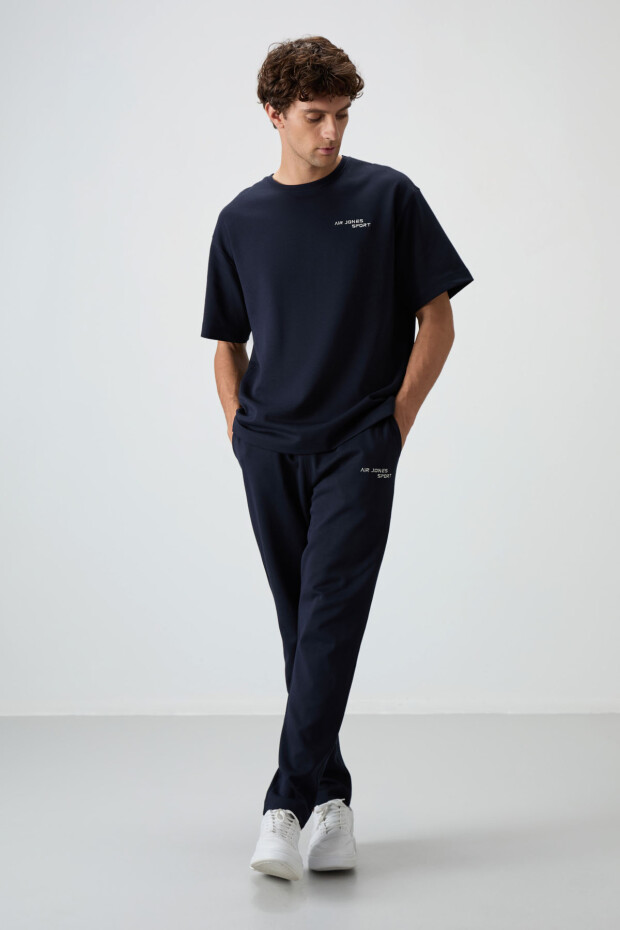 Lacivert Pamuklu Kalın Yumuşak Dokulu Oversize Fit Nakışlı Erkek Eşofman Takım - 85252 - 4