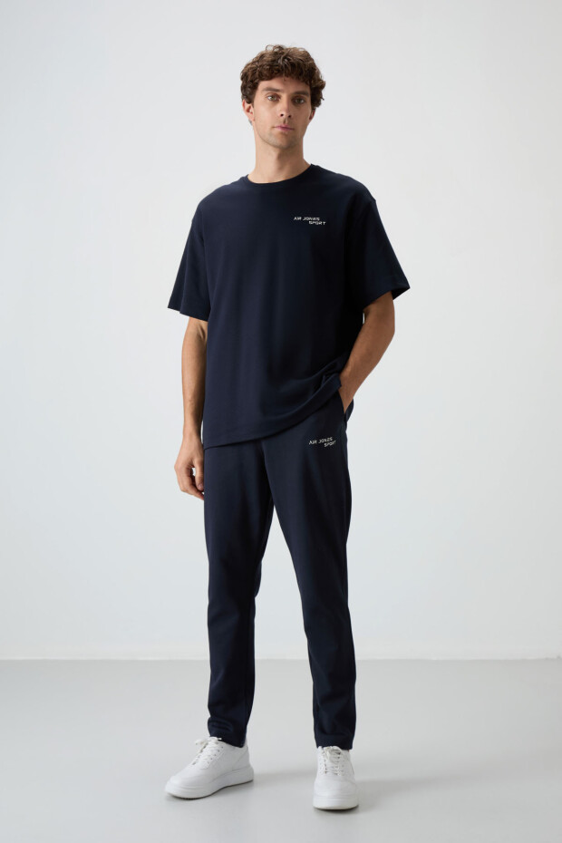 Lacivert Pamuklu Kalın Yumuşak Dokulu Oversize Fit Nakışlı Erkek Eşofman Takım - 85252 - 1