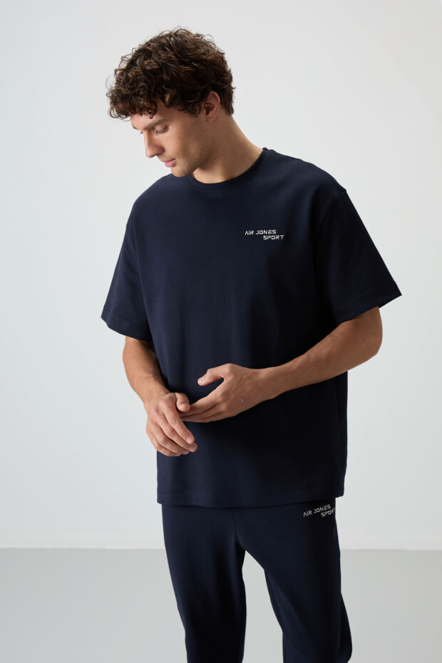 Lacivert Pamuklu Kalın Yumuşak Dokulu Oversize Fit Nakışlı Erkek Eşofman Takım - 85252 - 2
