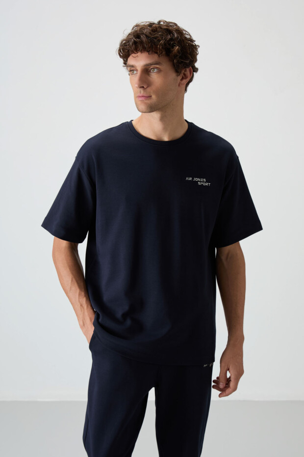 Lacivert Pamuklu Kalın Yumuşak Dokulu Oversize Fit Nakışlı Erkek Eşofman Takım - 85252 - 6