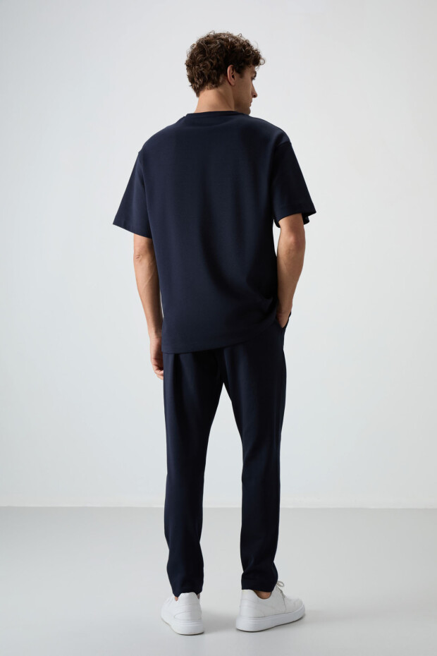 Lacivert Pamuklu Kalın Yumuşak Dokulu Oversize Fit Nakışlı Erkek Eşofman Takım - 85252 - 8