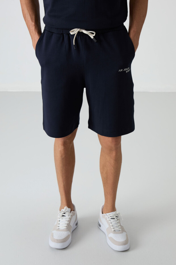 Lacivert Pamuklu Kalın Yumuşak Dokulu Oversize Fit Nakışlı Erkek Şort Takım - 85250 - 5