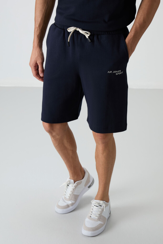 Lacivert Pamuklu Kalın Yumuşak Dokulu Oversize Fit Nakışlı Erkek Şort Takım - 85250 - 7