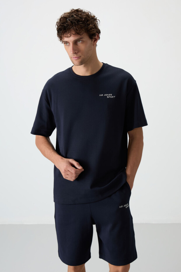 Lacivert Pamuklu Kalın Yumuşak Dokulu Oversize Fit Nakışlı Erkek Şort Takım - 85250 - 3